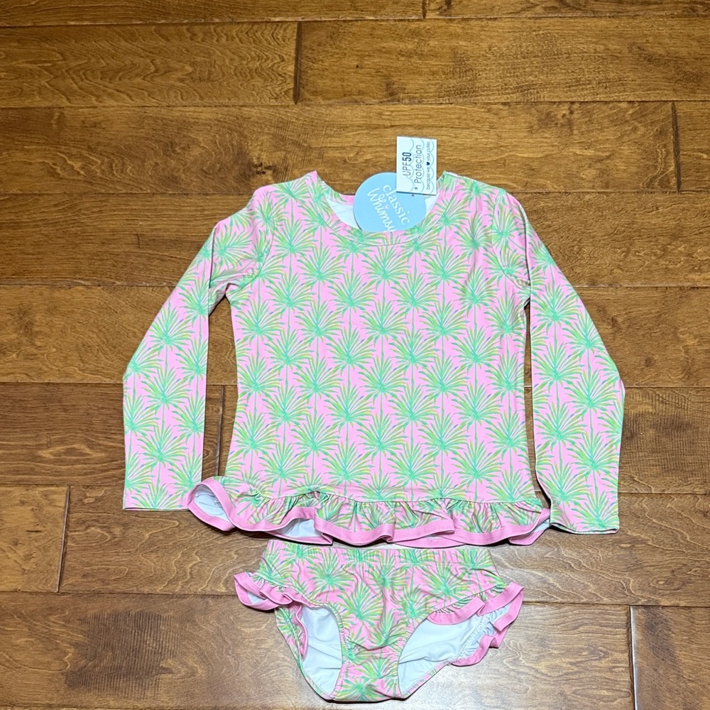 NWT Size 10 Classic Whimsy Pink & Green Palm Print Girls' Rash Guard Set